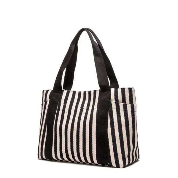 YHSHYZH Striped Tote Handbag Black & White Daily Satchel Shoulder Purses with Multi-Pockets Medium Cotton Canvas Vaction Work Tote with Zipper Spring Summer Beach Bag Gifts for Womens (M Black+White)