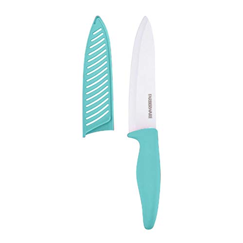 Farberware Ceramic Chef Knife with Custom-Fit Blade Cover, Razor-Sharp Kitchen Knife with Ergonomic Handle, Dishwasher-Safe, 6-inch, Aqua