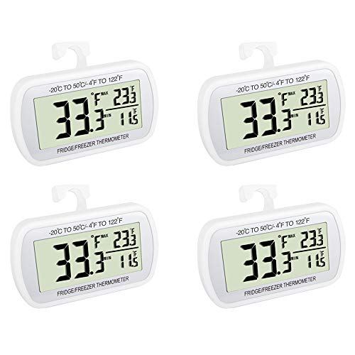 Waterproof Refrigerator Fridge Thermometer, Digital Freezer Room Thermometer , Max/Min Record Function Large LCD Screen and Magnetic Back for Kitchen, Home, Restaurants (4 Pack)