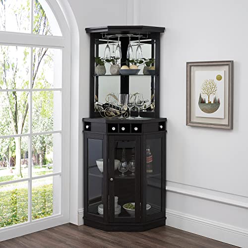 Home Source Dining Room or Lounge Corner Bar Cabinet for Liquor and Glasses with Wood Frame and Wine Rack