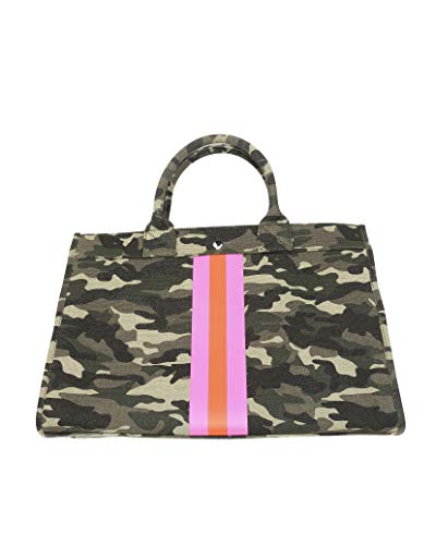 Milly Kate Camouflage Tote Handbag with Stripes, Stylish, Trendy, Preppy, Fashionable, Upscale Bag, Detachable Strap, Inside Pockets, Designer Purse Exclusive to Milly Kate, 10” x 15”