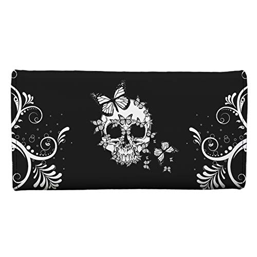 Howilath Butterfly Skull Gothic Wallets for Women, Ethnic Tribal Sugar Skull Ladies Wallets Trifold Large Capacity, Women Slim Designer Trifold Wallet Long Purse