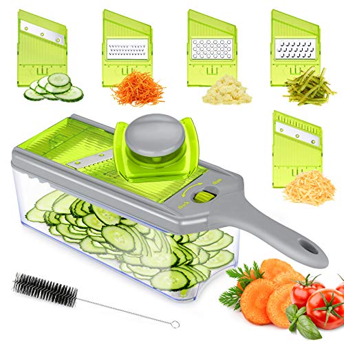 Mandoline Slicer Thickness Adjustable, FITNATE 9 in 1 Vegetable Chopper and Slicer with 5 Replaceable Slicing Blades, Cheese Slicer Salad Chopper with Container, Great for Salad and Cheese
