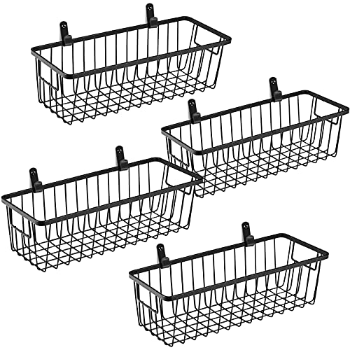 Farmhouse Metal Wire Bin Basket with Wall Mount – Small, 4 Pack – Portable Hanging Wall Basket, Rustic Home Storage Organizer for Cabinets, Pantry, Closets, Bathroom, Kitchen,Bedroom(Black)