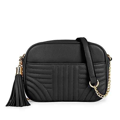 EVVE Quilted Crossbody Bags for Women – Stylish Camera Bag with Tassel – Lightweight Medium Size Shoulder Purse | Black