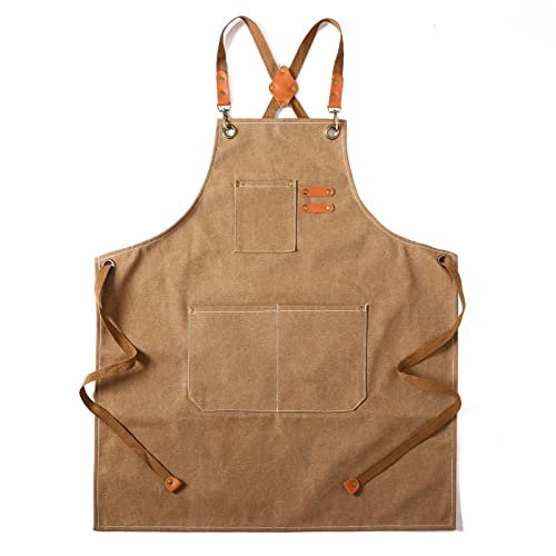 Tosewever Canvas Cross Back Chef Apron for Men Women with Adjustable Straps Large Pockets, Waterdrop Kitchen Heavy Duty Cotton Aprons for Tool Cooking BBQ Artist, M to XXL (Cappuccino Brown)