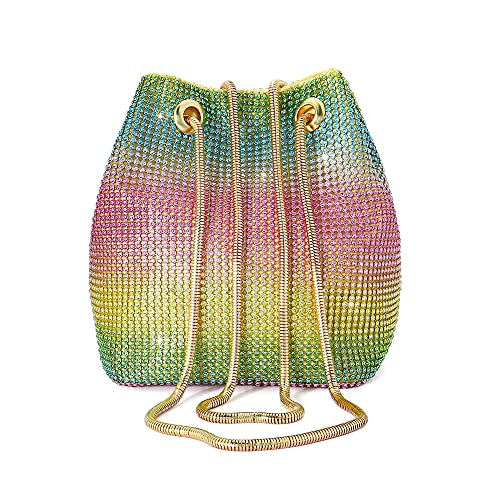 Ayliss Women’s Full Rhinestones Bucket Bag Mini/Small Crossbody Shoulder Evening Shinny Bling Clutch Purse Bucket Handbag (Rainbow(Mini))