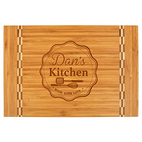 PERSONALIZED NAME’s Kitchen – 15″ x 10 1/4″ Bamboo Cutting Board with Butcher Block Inlay