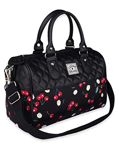 Liquorbrand Daisy Cherry Black Women’s Bowler Bag Purse Quilted Faux Leather Handbag With Adjustable Shoulder Strap, 12″x8″x6″