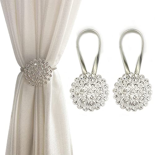 Magnetic Tiebacks for Curtains, 2 Pack Sparkling Crystal Flower Curtain Tiebacks Curtain Buckle Clips with High-Elastic Spring Wire for Home Office Decoration (White)