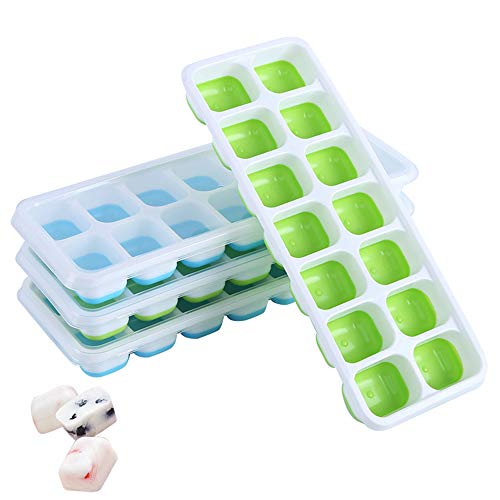 Silicone Ice Cube Tray with Lids, Silicone Bottom PP Edge, Home Kitchen Ice Cube Container with Covers, Diamond, Half Cake, Round, Square (4 Pack Rectangle, Rectangle (2 Blue + 2 Green))