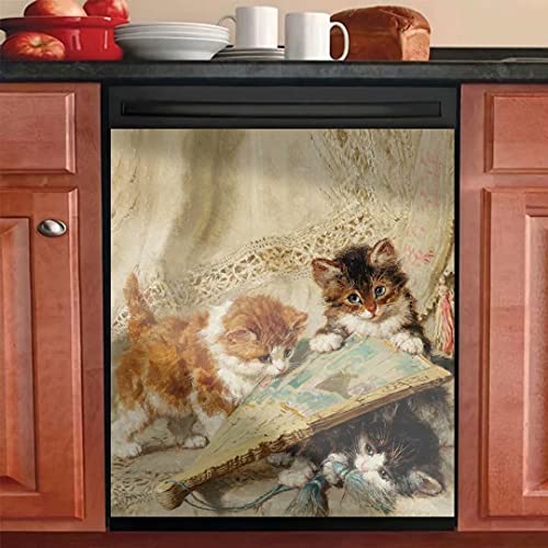 Cute Home Pet Cat Play Art Oil Painting Magnet Dishwasher Cover Sticker Kitchen Decorative,Refrigerator,Washers,Cabinets Door Magnetic Decals Sheet,Home Dryer Decor Panel Decal 23W x 26H inches