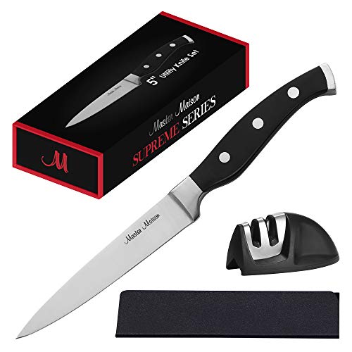 5″ Professional Utility Knife Set | Master Maison Premium German Stainless Steel Kitchen Knife Set With Dual Sharpener & Edge Guard | Ergonomic, Triple-Riveted Handle (5″ Utility Knife, Black)