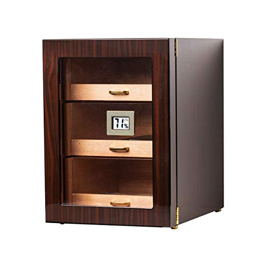 Woodronic Cigar Humidor Cabinet with Digital Hygrometer for 100 to 150 Counts, Spanish Cedar Lined Cigar Box with 3 Large Drawers, 2 Crystal Gel Humidifiers, Glossy Ebony Finish, Great Gift for Father
