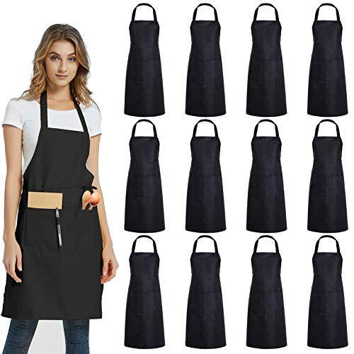 12 Pack Plain Bib Aprons with 2 Pockets – Black Unisex Commercial Apron Bulk for Kitchen Cooking Restaurant BBQ Painting Crafting
