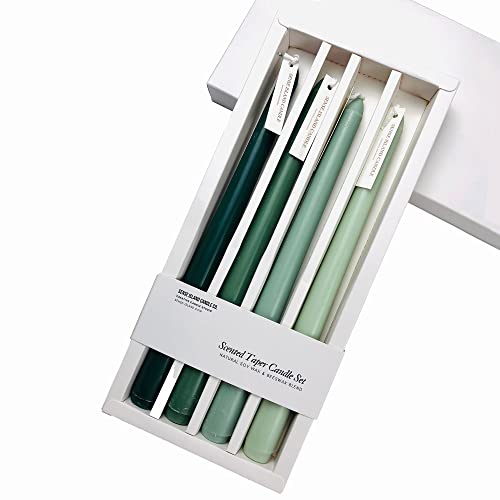 Taper Candles 10” Colored Candle Sticks Set of 4 | Amber Sandalwood Scented, Natural Soy Wax | Home Decor Kitchen Decor Wedding Decorations (Green Shades)