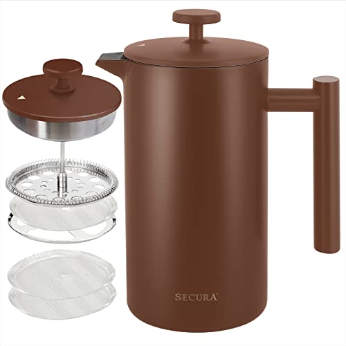 Secura French Press Coffee Maker, 304 Grade Stainless Steel Insulated Coffee Press with 2 Extra Screens, 34oz (1 Litre), Coffee