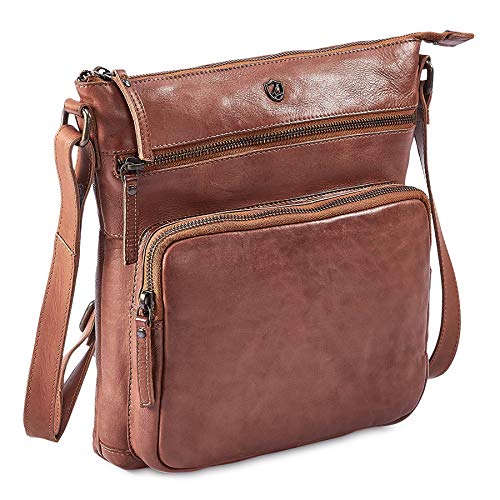 COCHOA Women’s Crossbody Real Leather Triple Zip Bag, Purse, Travel Bag (Cognac)