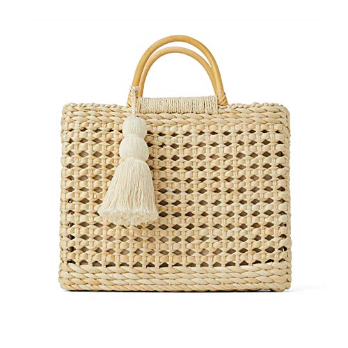 QTKJ Fashion Women Summer Straw Crossbody Bag with Cute Tassels Pendant, Hand-Woven Beach Shoulder Bag with Top Wooden Handle Tote Bag (Beige)
