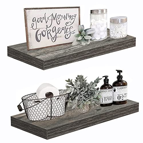 QEEIG Grey Floating Shelves Wall Shelf 24 inches Long Rustic Bathroom Decor Bedroom Kitchen Living Room Wall Mounted 24 x 9 inch Set of 2 (008-60GY)