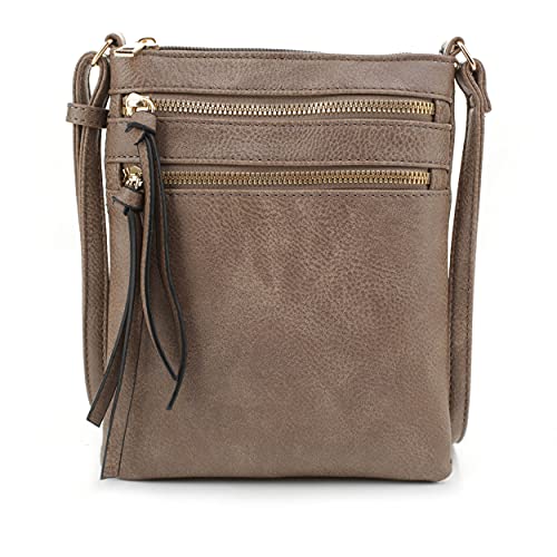 DELUXITY Essential Casual Functional Multi Pocket Double Zipper Crossbody Purse Bag for Women (Dark Taupe)