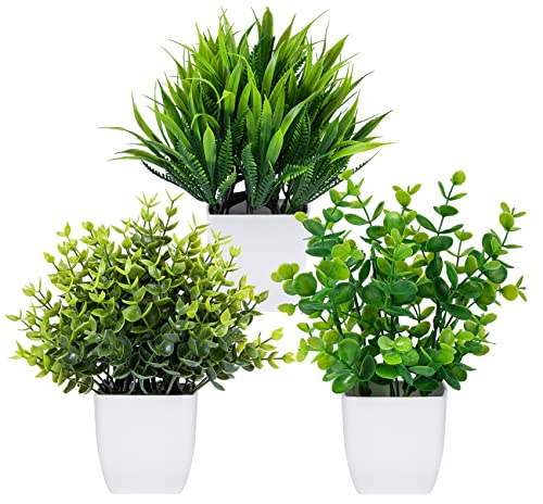 3 Pack Fake Plants in Pots Artificial Eucalyptus Plant Mini Potted Faux Plants Indoor Small Plastic Wheat Grass Shrubs Greenery in Pots for Table Desk Bathroom Bedroom Office Home Decor (Style 01)