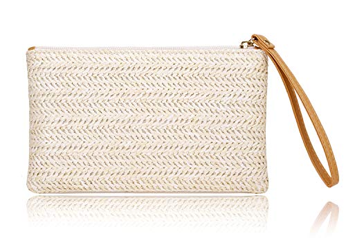 Women’s Straw Clutch Bag Bohemian Zipper Wristlet Womens Summer Beach Sea Purse Straw Wallets For Women (Beige- White)