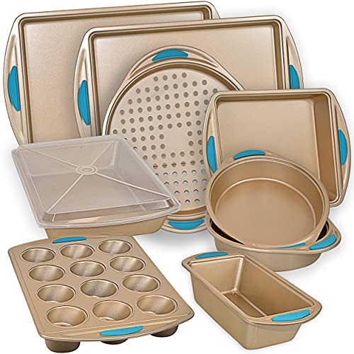 Baking Pan 10 Piece Set Nonstick Gold Steel Oven Bakeware Kitchen Set with Silicone Handles, Cookie Sheets, Round Cake Pans, 9×13 Pan with Lid, Loaf Pan, Deep Pan, Pizza Crisper, Muffin Pan by PERLLI