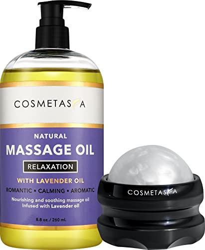 Sensual Lavender Massage Oil with Massage Roller Ball – No Stain 100% Natural Blend of Spa Quality Oils for Romantic, Calming, Aromatic, Soothing Massage Therapy