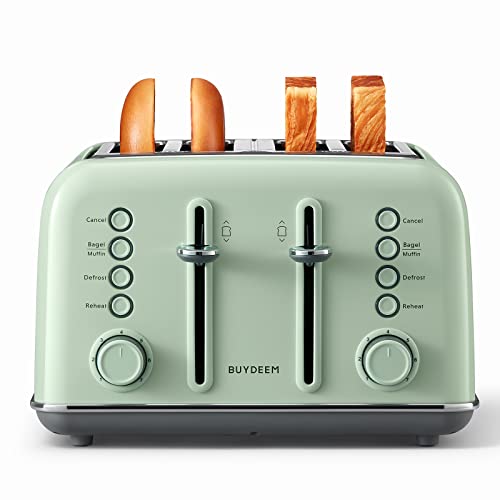 BUYDEEM DT640 4-Slice Toaster, Extra Wide Slots, Retro Stainless Steel with High Lift Lever, Bagel and Muffin Function, Removal Crumb Tray, 7-Shade Settings (Cozy Greenish)