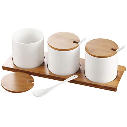 HCFSUK Ceramic Seasoning Jar Set Condiment Ceramic Spice Serving Jars Container Box Tank Pot Sugar Bowl Sets with Spoon Bamboo Lid Tray for Kitchen Home Cafe White