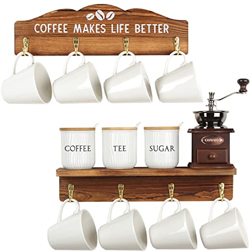 J JACKCUBE DESIGN Coffee Mug Rack, Wall Mounted Wooden 12 Coffee Cup Holder Organizer with Coffee Sign for Home Kitchen Cafe Decor – MK737A