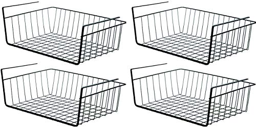 PENGKE Black Under Shelf Basket,4 Pack Slides Under Cabinet Storage Shelf Wire Baskets,Space Saving for Kitchen Counter Pantry Desk Bookshelf Cupboard