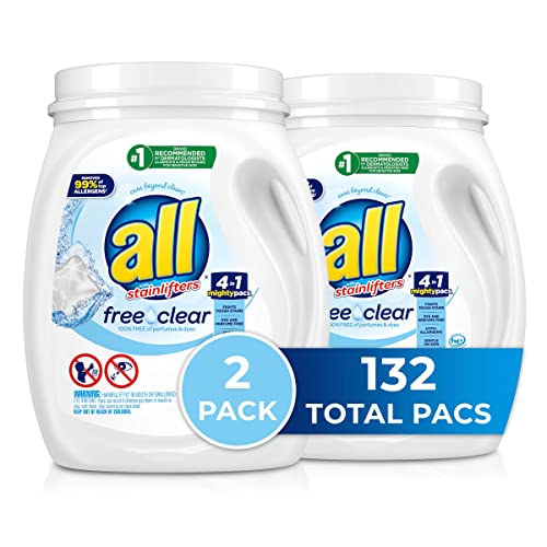 All Mighty Pacs with stainlifters free clear Laundry Detergent, Free Clear for Sensitive Skin, 66 Count – (Pack of 2)
