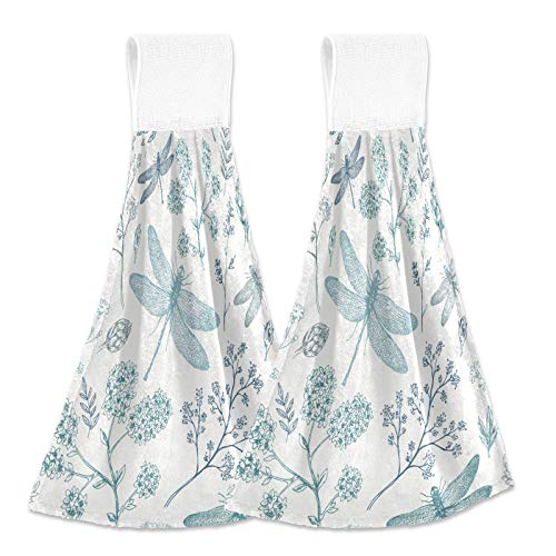 Boccsty Blue Dragonfly Hanging Kitchen Towels 2 Pieces Spring Summer Autumn Winter Absorbent Hand Towel Loop Dish Cloth Tie Towels Tea Bar Towels for Bathroom Farmhouse Housewarming Tabletop Home
