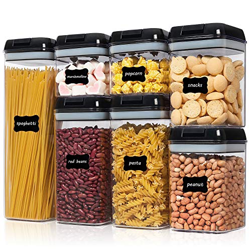 Airtight Food Storage Containers, Vtopmart 7 Pieces BPA Free Plastic Cereal Containers with Easy Lock Lids, for Kitchen Pantry Organization and Storage, Include 24 Labels,Black