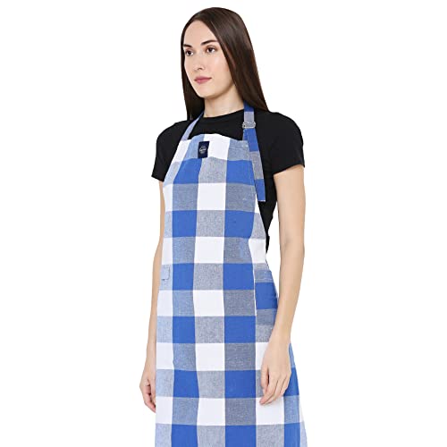 Encasa Homes Adjustable Kitchen Cotton Apron With Pockets & Towel Holder Of Size 31 x 25 inch (Buffalo Blue Checks) for Men & Women Chefs For Cooking & Baking in Home, Restaurants & Barbeque