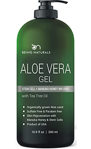 Aloe vera Gel – from 100% Pure Organic Aloe Infused with Manuka Honey, Stem Cell, Tea Tree Oil – Natural Raw Moisturizer for Face, Body, Hair. Perfect for Sunburn, Acne, Razor Bumps 16.9 fl oz
