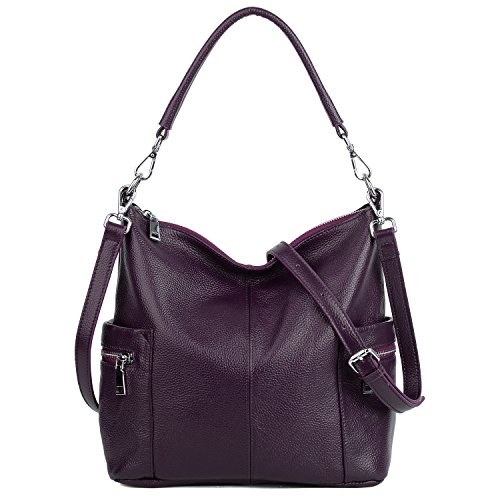 YALUXE Women’s Multi Pocket Soft Cowhide Leather Medium Purse Hobo Style Shoulder Bag Purple