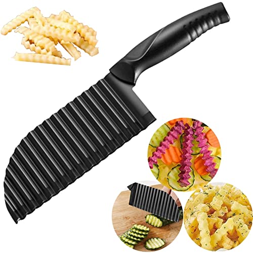 YukaBa Crinkle Potato Cutter 2.9″ x 11.8″ Stainless Steel Waves French Fries Slicer Handheld Chipper Chopper, Vegetable Salad Chopping Knife Home Kitchen Wavy Blade Cutting Tool, Black