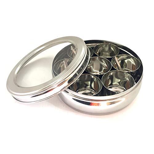 Stainless Steel Clear Lid Masala Dabba Spice Container Box Indian Spice Box Spice Box 7 Container with 1 Spoon Seasoning Canisters Storage Box Organizer Box