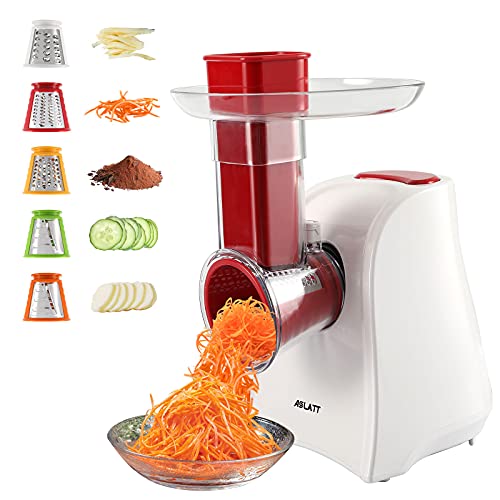 Electric Slicer, ASLATT Electric Cheese Grater for Home Kitchen Use, Press Control Cheese Shredder, Salad Maker Machine for Fruits, Vegetables, Cheese Grater with 5 Attachments, 120V,White