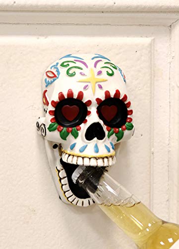 Ebros Gift Day of The Dead White Colorful Floral Exotic Mexican Sugar Skull Wall Mounted Bottle Opener Home And Kitchen Bar Accessory Figurine