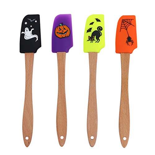 Hemoton 4pcs Halloween Wooden Handle Silicone Scraper Cream Spatula Baking Gadget Baking Supplies Kitchen Utensil for Home Bakery (Ghost + Black Cat + Pumpkin + Spider Pattern) | The Storepaperoomates Retail Market - Fast Affordable Shopping
