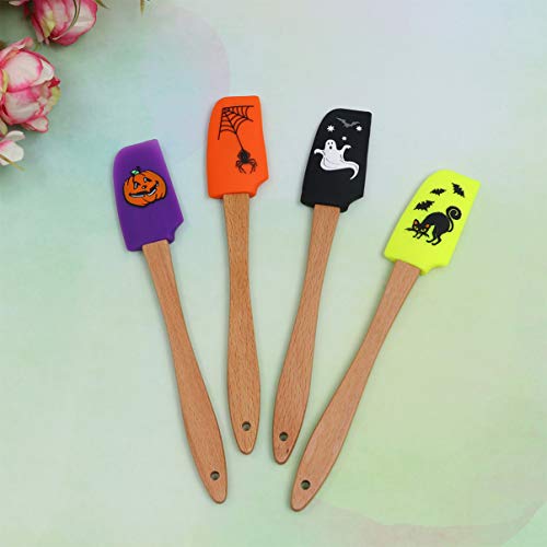 Hemoton 4pcs Halloween Wooden Handle Silicone Scraper Cream Spatula Baking Gadget Baking Supplies Kitchen Utensil for Home Bakery (Ghost + Black Cat + Pumpkin + Spider Pattern) | The Storepaperoomates Retail Market - Fast Affordable Shopping