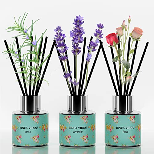 Binca Vidou Reed Diffuser Set of 3, Lavender Rose Vanilla Oil Reed Diffusers for Bedroom Living Room Office Aromatherapy Oil Reed Diffuser for Gift & Stress Relief 50ml x 3