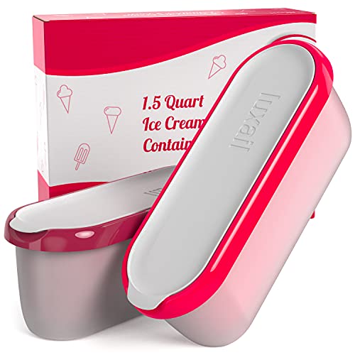 Ice Cream containers for homemade ice cream, Reusable Storage Freezer ice cream Container With Lids,2 Pack, BPA FREE, Dishwasher Safe Tub. Double Insulated, 1.5 Quart, Red and Burgundy , Non Slip Base, Stackable on Freezer Shelves.