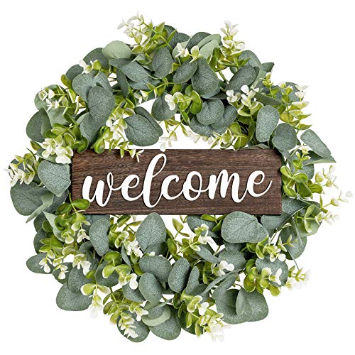 Dahey Welcome Sign Wreath for Front Door 16inch Rustic Round Hanging Door Decor Outdoor Indoor Home Porch Farmhouse Decoration Green Eucalyptus for Winter Spring All Seasons Holiday Housewarming Gift