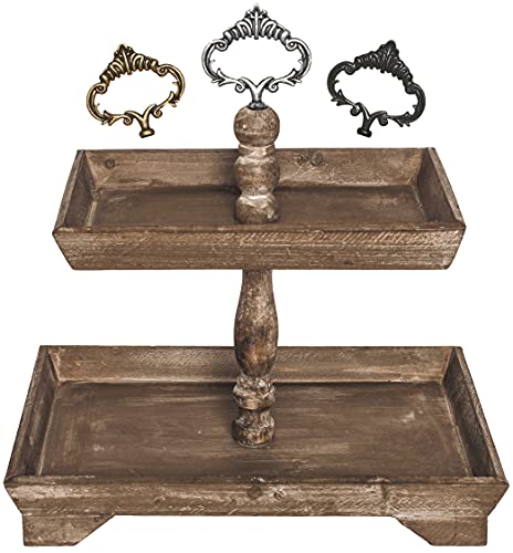 Felt Creative Home Goods Rustic Wood Two Tiered Tray, Rectangle 2 Tier Serving Tray for Coffee Bar, Kitchen Counter, Dining Room Table, Cupcake Stand, Holiday and Farmhouse Decor (Rustic Brown)