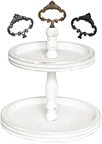 2 Tiered Tray Wooden Serving Stand by Felt Creative Home Goods. Small Shabby Chic Beaded Tray for Home Decor Display Farmhouse Country Decoration Kitchen or Dining. Includes 3 Custom Handles (White)